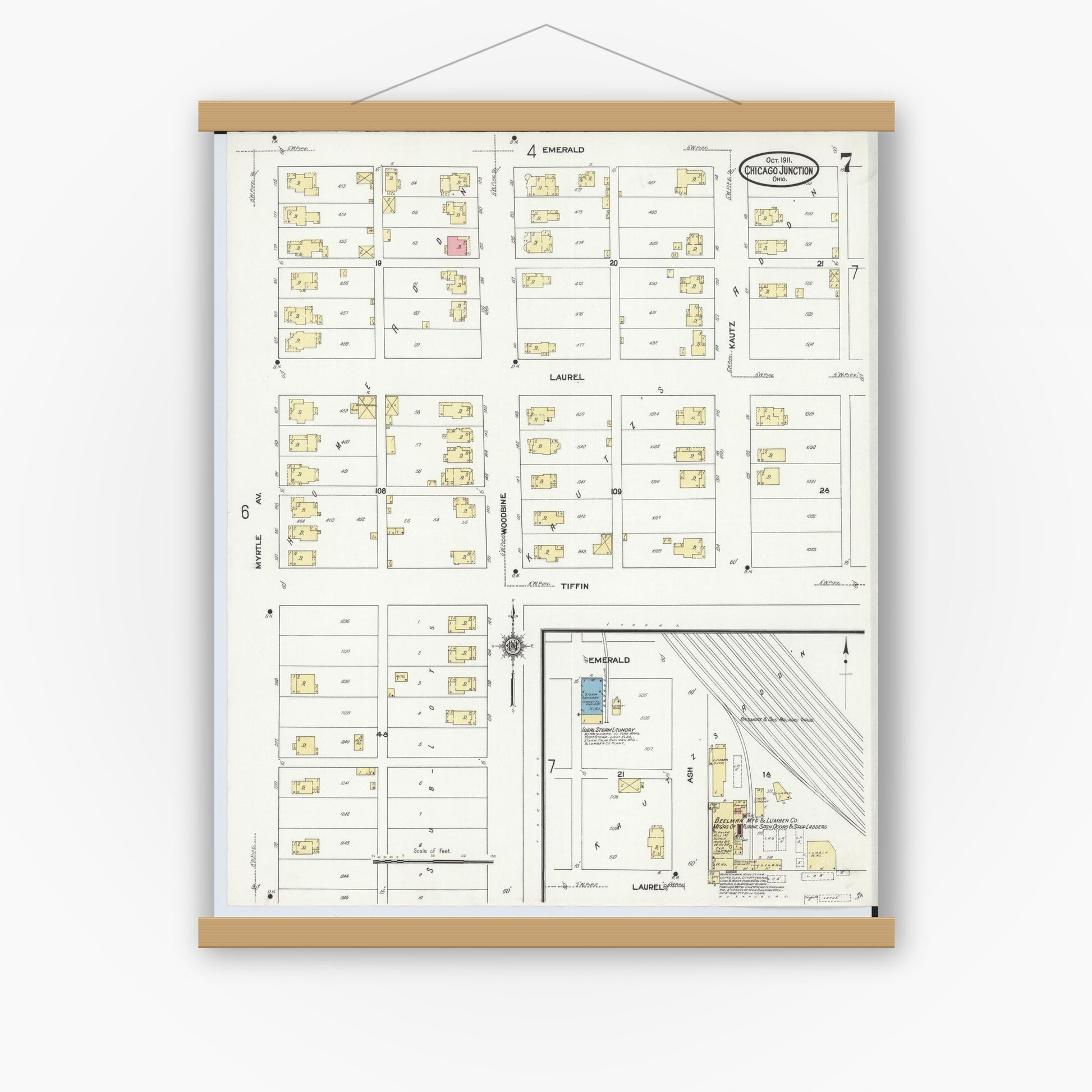 Old map wall art mockup — magnetic wood frame on white wall — Sanborn Fire Insurance Map from Chicago Junction, Huron County, Ohio (1911), Sheet #0007