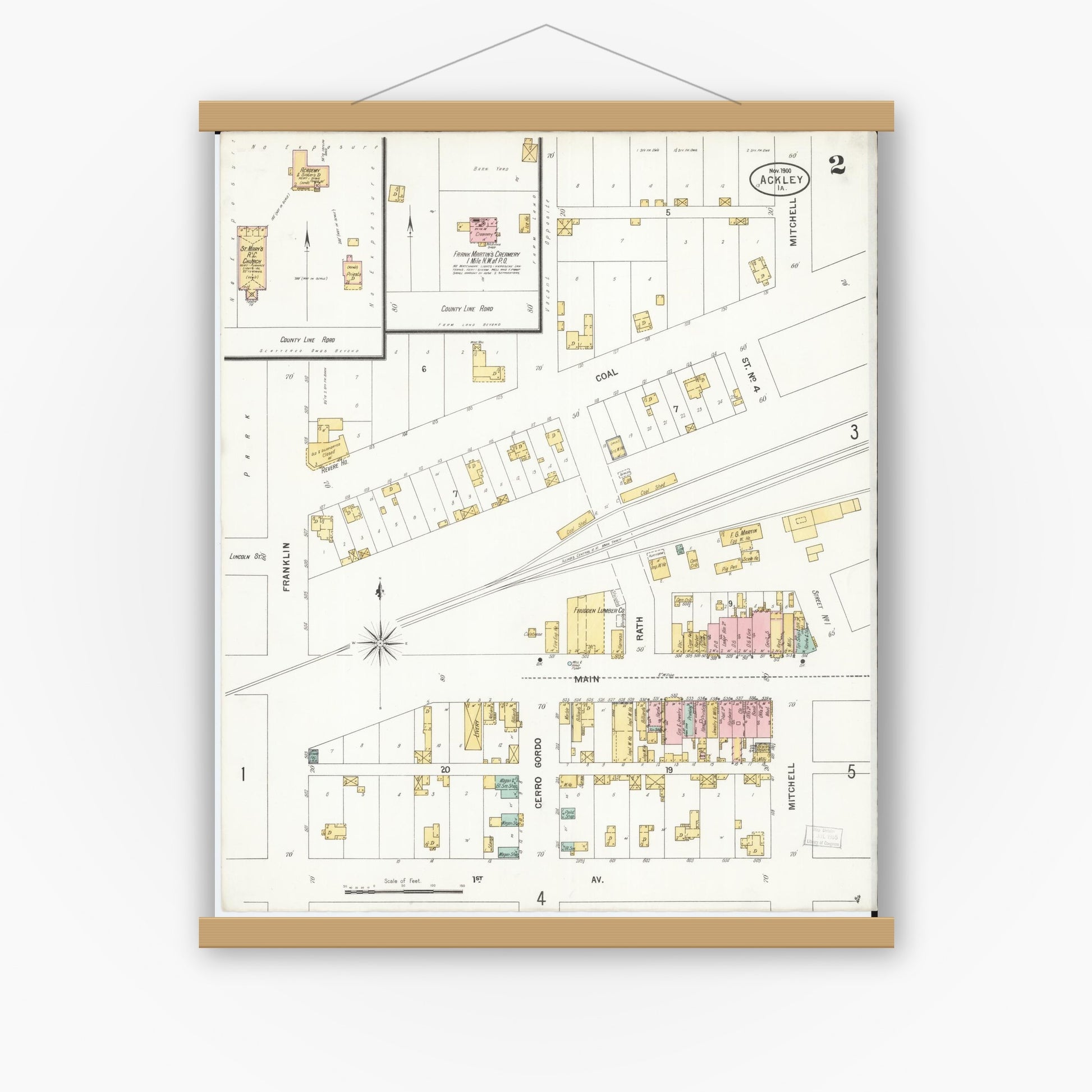 Old map wall art mockup — magnetic wood frame on white wall — Sanborn Fire Insurance Map from Ackley, Hardin and Franklin Counties, Iowa (1900), Sheet #0002