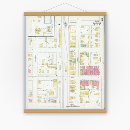 Old map wall art mockup — magnetic wood frame on white wall — Sanborn Fire Insurance Map from Lanark, Carroll County, Illinois (1899), Sheet #0002