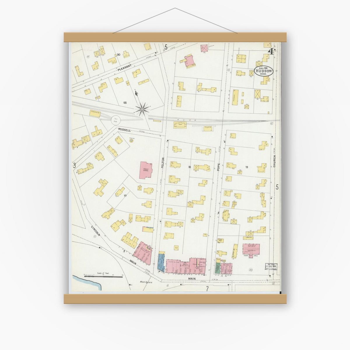 Old map wall art mockup — magnetic wood frame on white wall — Sanborn Fire Insurance Map from Hudson, Middlesex County, Massachusetts (1903), Sheet #0004