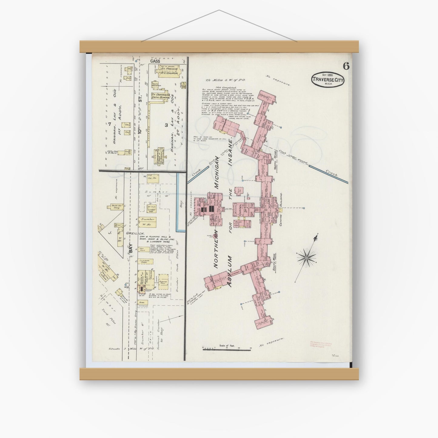 Old map wall art mockup — magnetic wood frame on white wall — Sanborn Fire Insurance Map from Traverse City, Grand Traverse County, Michigan (1890), Sheet #0006