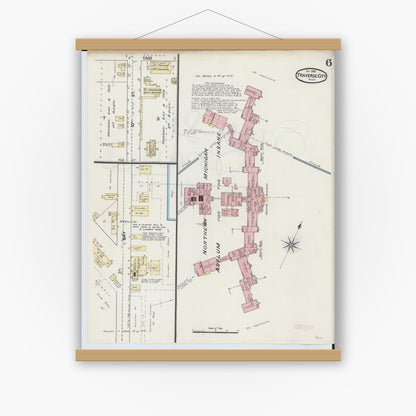 Old map wall art mockup — magnetic wood frame on white wall — Sanborn Fire Insurance Map from Traverse City, Grand Traverse County, Michigan (1890), Sheet #0006