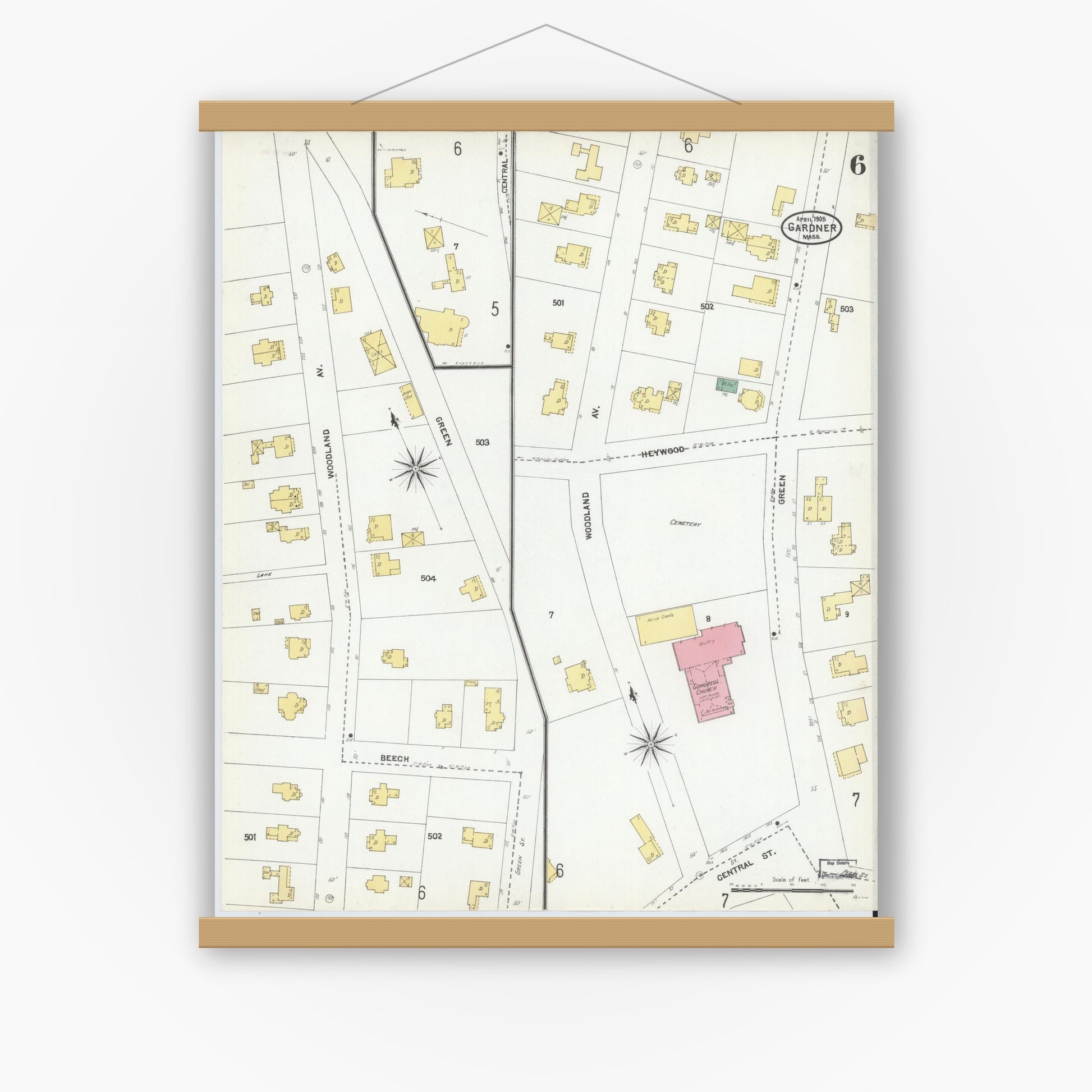 Old map wall art mockup — magnetic wood frame on white wall — Sanborn Fire Insurance Map from Gardner, Worcester County, Massachusetts (1905), Sheet #0006