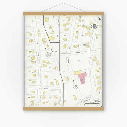 Old map wall art mockup — magnetic wood frame on white wall — Sanborn Fire Insurance Map from Gardner, Worcester County, Massachusetts (1905), Sheet #0006