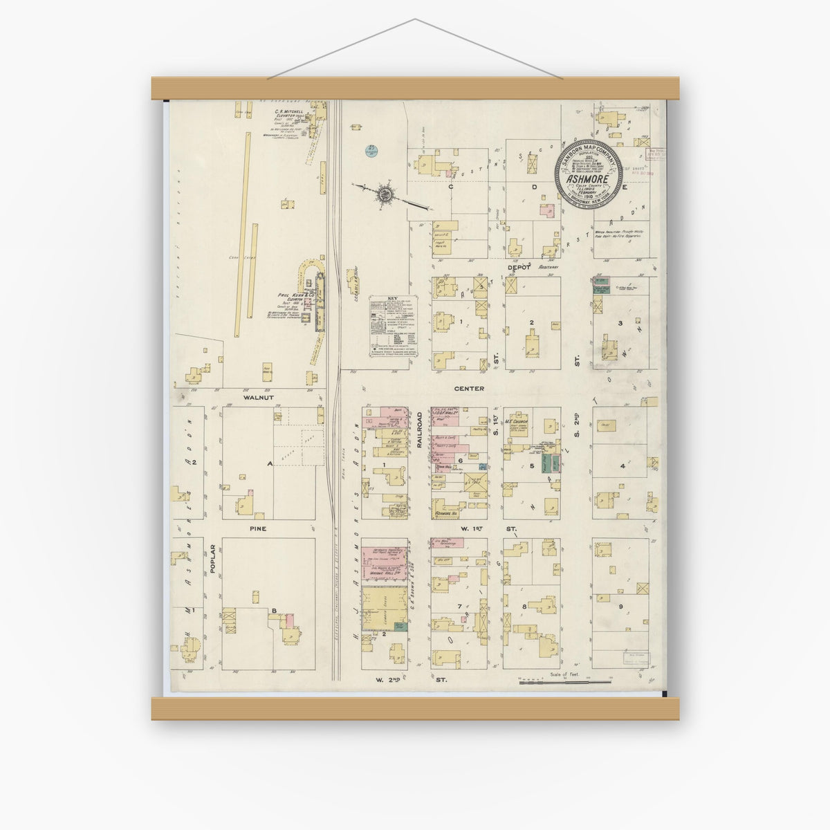 Old map wall art mockup — magnetic wood frame on white wall — Sanborn Fire Insurance Map from Ashmore, Coles County, Illinois (1910), Sheet #0001