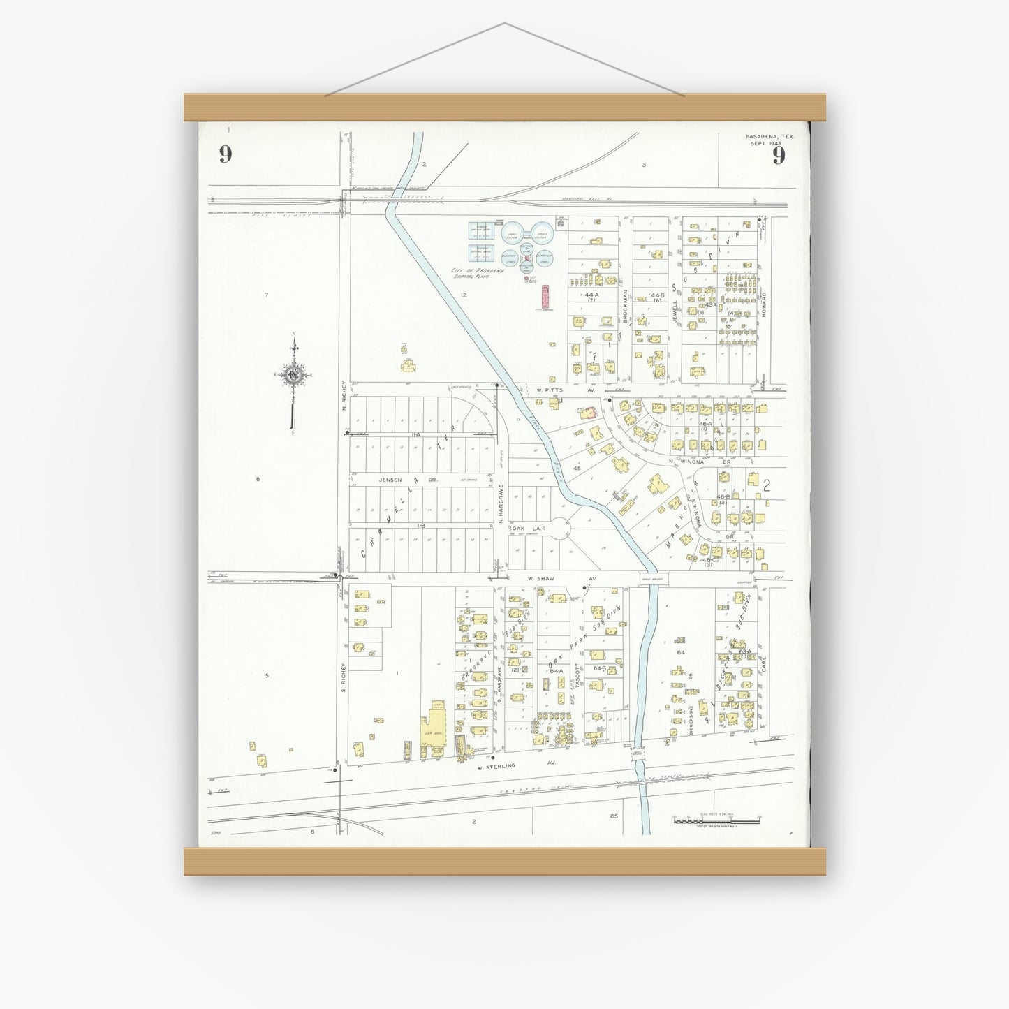 Old map wall art mockup — magnetic wood frame on white wall — Sanborn Fire Insurance Map from Pasadena, Harris County, Texas (1943), Sheet #0009