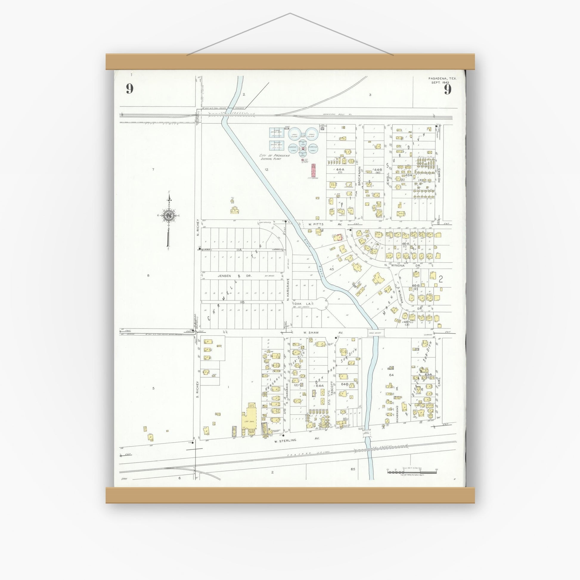 Old map wall art mockup — magnetic wood frame on white wall — Sanborn Fire Insurance Map from Pasadena, Harris County, Texas (1943), Sheet #0009