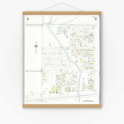 Old map wall art mockup — magnetic wood frame on white wall — Sanborn Fire Insurance Map from Pasadena, Harris County, Texas (1943), Sheet #0009