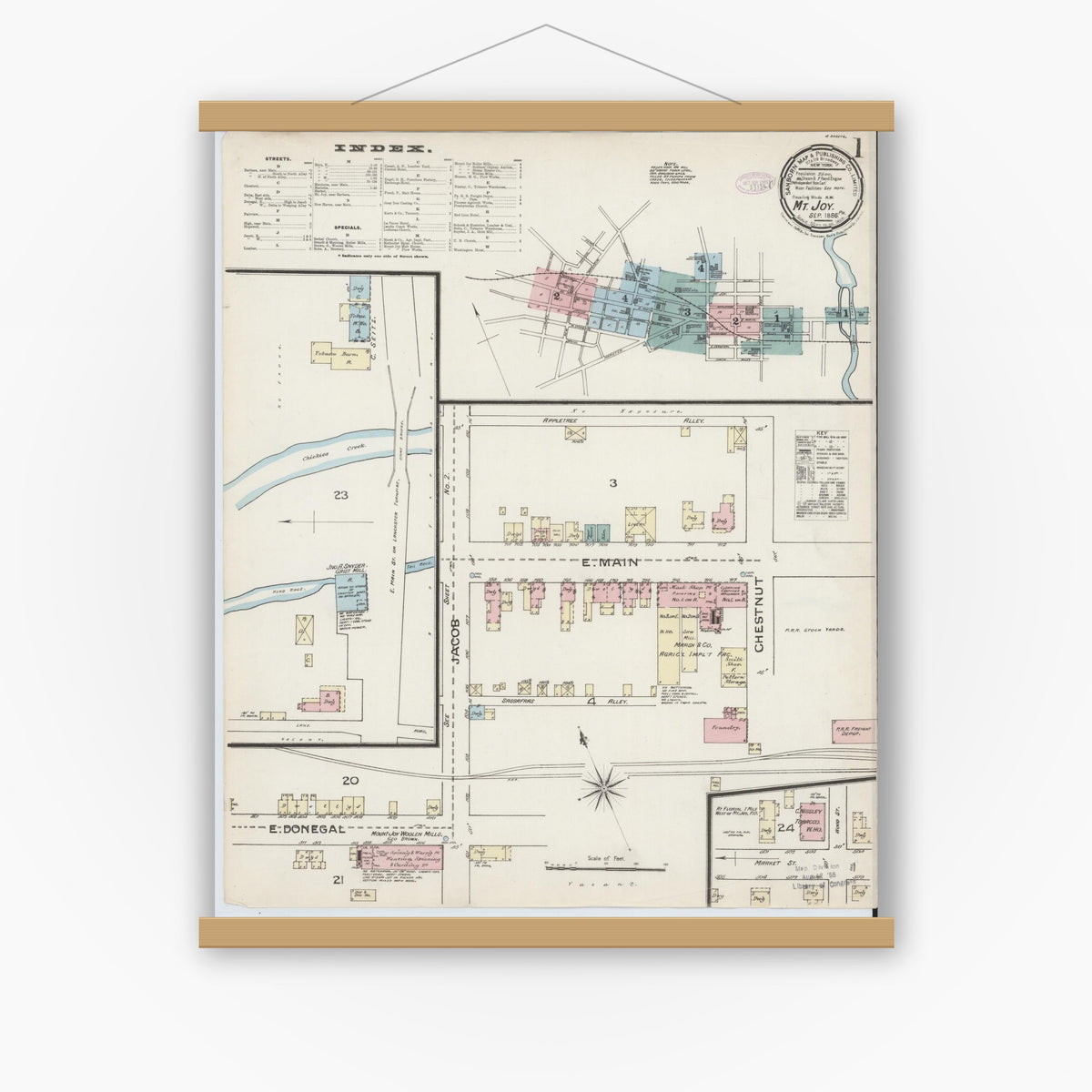 Old map wall art mockup — magnetic wood frame on white wall — Sanborn Fire Insurance Map from Mount Joy, Lancaster County, Pennsylvania (1886) - Complete Map Set