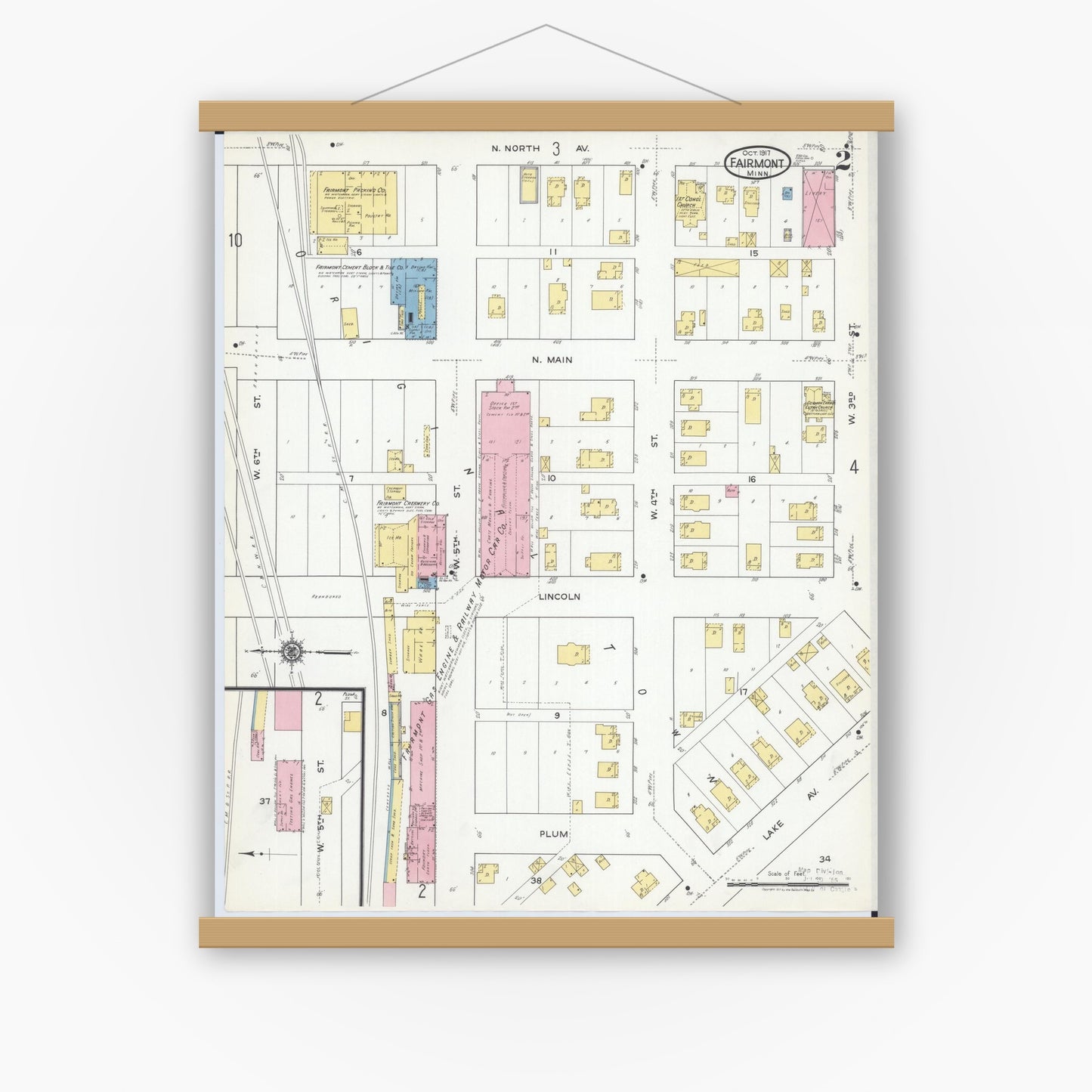 Old map wall art mockup — magnetic wood frame on white wall — Sanborn Fire Insurance Map from Fairmont, Martin County, Minnesota (1917), Sheet #0002