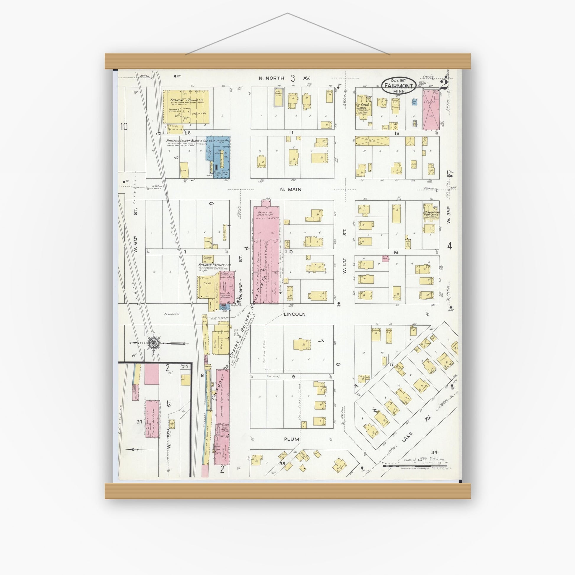 Old map wall art mockup — magnetic wood frame on white wall — Sanborn Fire Insurance Map from Fairmont, Martin County, Minnesota (1917), Sheet #0002