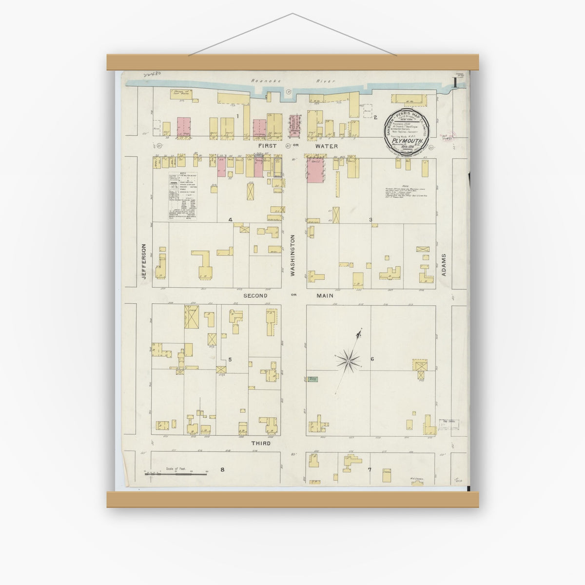 Old map wall art mockup — magnetic wood frame on white wall — Sanborn Fire Insurance Map from Plymouth, Washington County, North Carolina (1894) - Complete Map Set