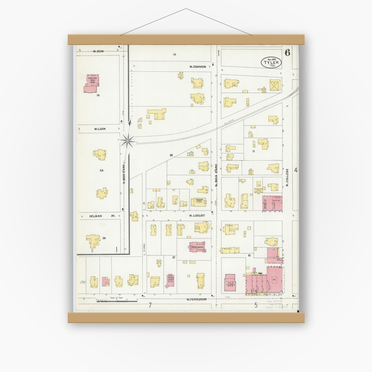 Old map wall art mockup — magnetic wood frame on white wall — Sanborn Fire Insurance Map from Tyler, Smith County, Texas (1902), Sheet #0006