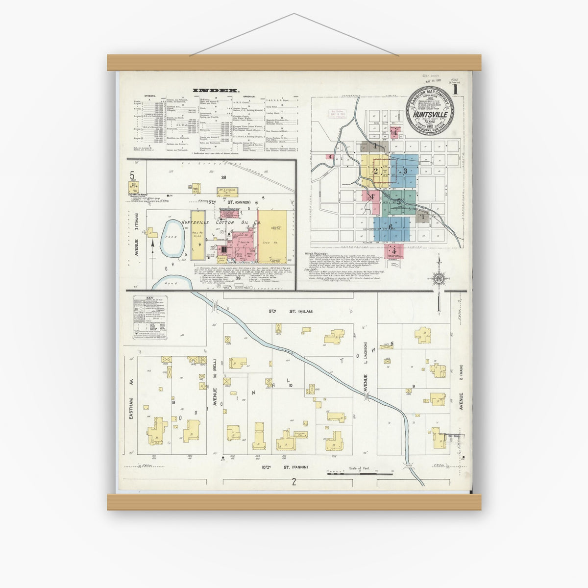 Old map wall art mockup — magnetic wood frame on white wall — Sanborn Fire Insurance Map from Huntsville, Walker County, Texas (1912) - Complete Map Set