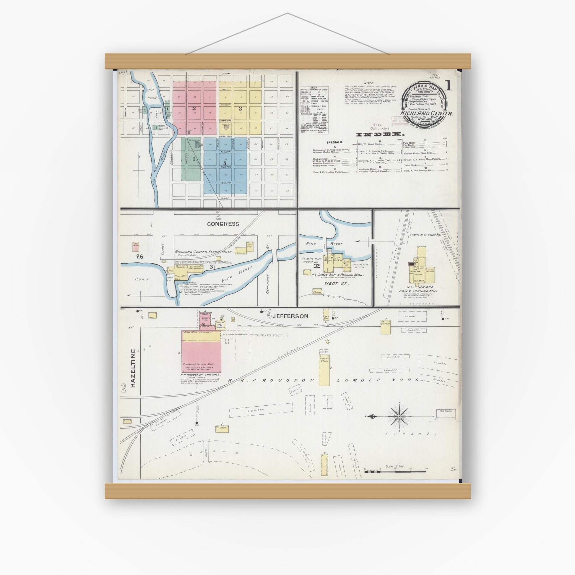 Old map wall art mockup — magnetic wood frame on white wall — Sanborn Fire Insurance Map from Richland Center, Richland County, Wisconsin (1892) - Complete Map Set