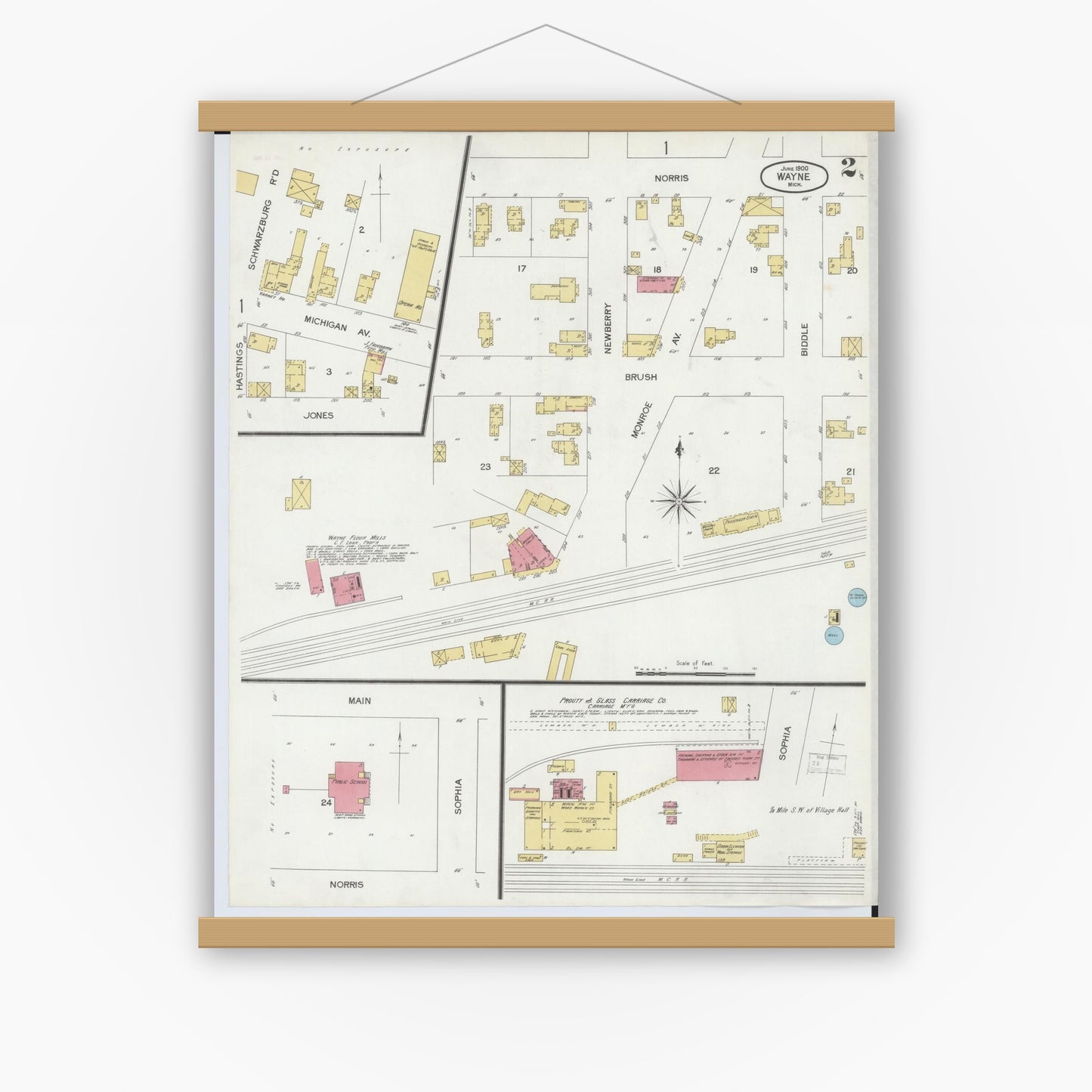 Old map wall art mockup — magnetic wood frame on white wall — Sanborn Fire Insurance Map from Wayne, Wayne County, Michigan (1900), Sheet #0002