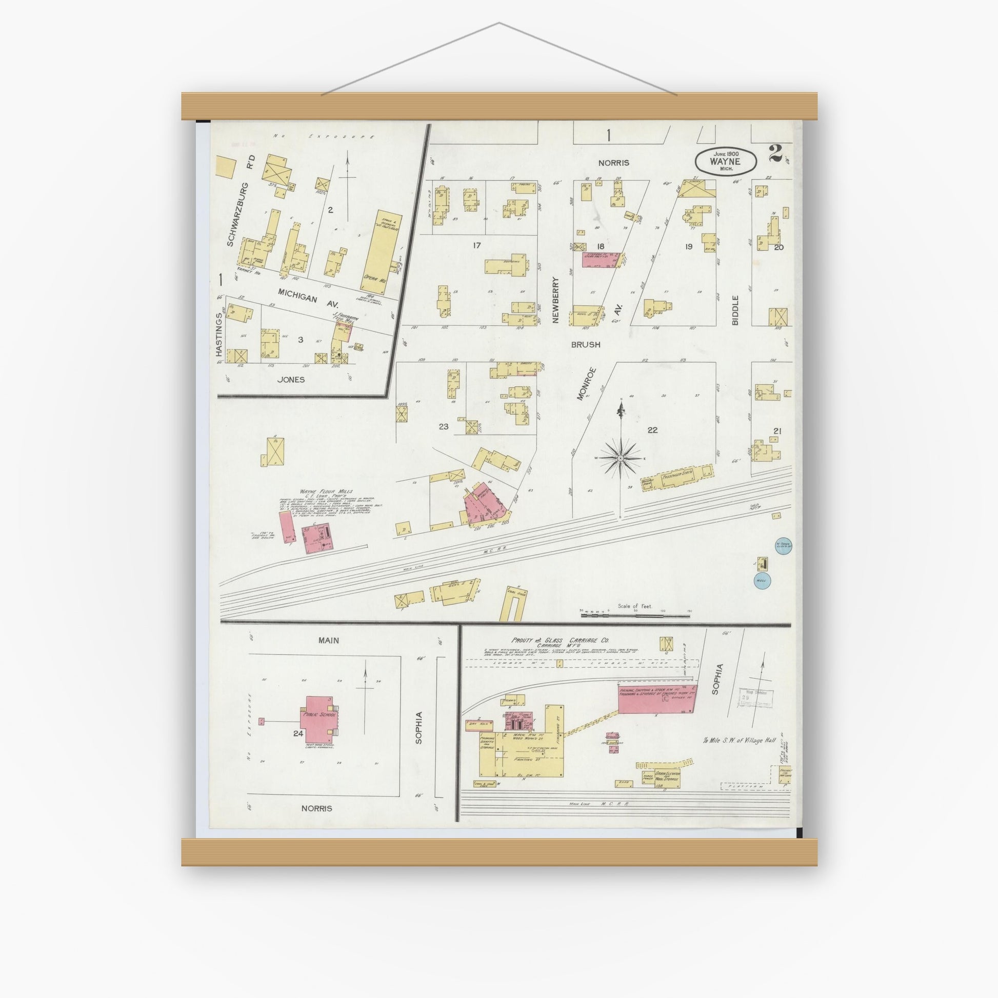 Old map wall art mockup — magnetic wood frame on white wall — Sanborn Fire Insurance Map from Wayne, Wayne County, Michigan (1900), Sheet #0002