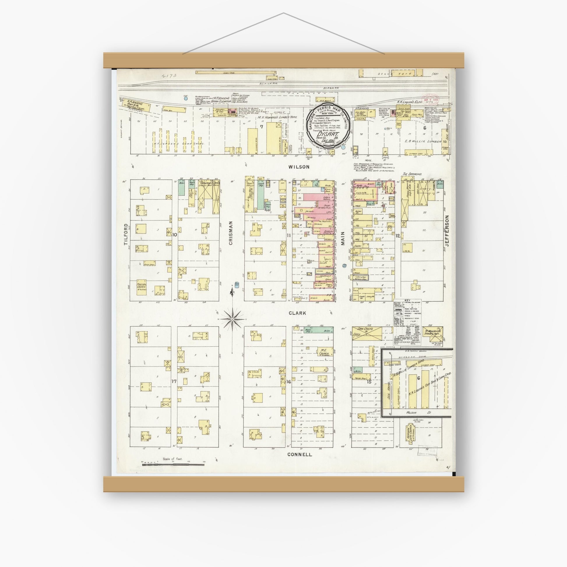 Old map wall art mockup — magnetic wood frame on white wall — Sanborn Fire Insurance Map from Dysart, Tama County, Iowa (1895), Sheet #0001