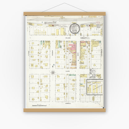 Old map wall art mockup — magnetic wood frame on white wall — Sanborn Fire Insurance Map from Dysart, Tama County, Iowa (1895), Sheet #0001