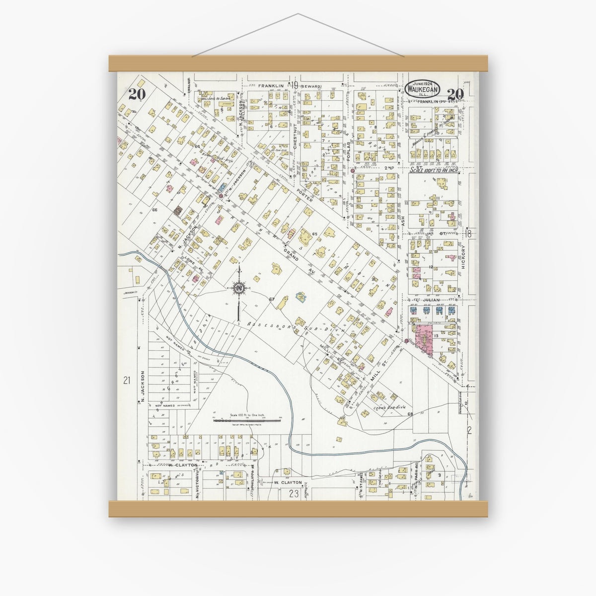 Old map wall art mockup — magnetic wood frame on white wall — Sanborn Fire Insurance Map from Waukegan, Lake County, Illinois (1924), Sheet #0020