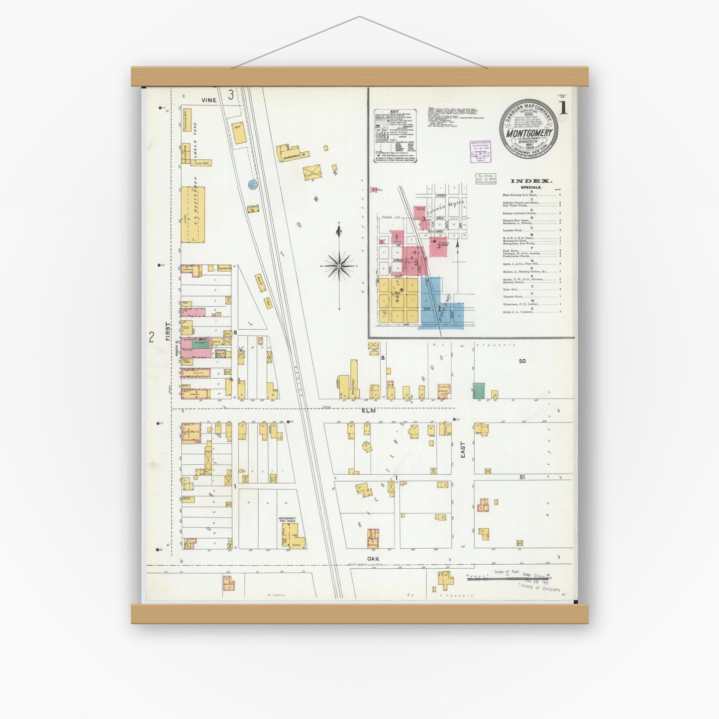Old map wall art mockup — magnetic wood frame on white wall — Sanborn Fire Insurance Map from Montgomery, Le Sueur  County, Minnesota (1904) - Complete Map Set