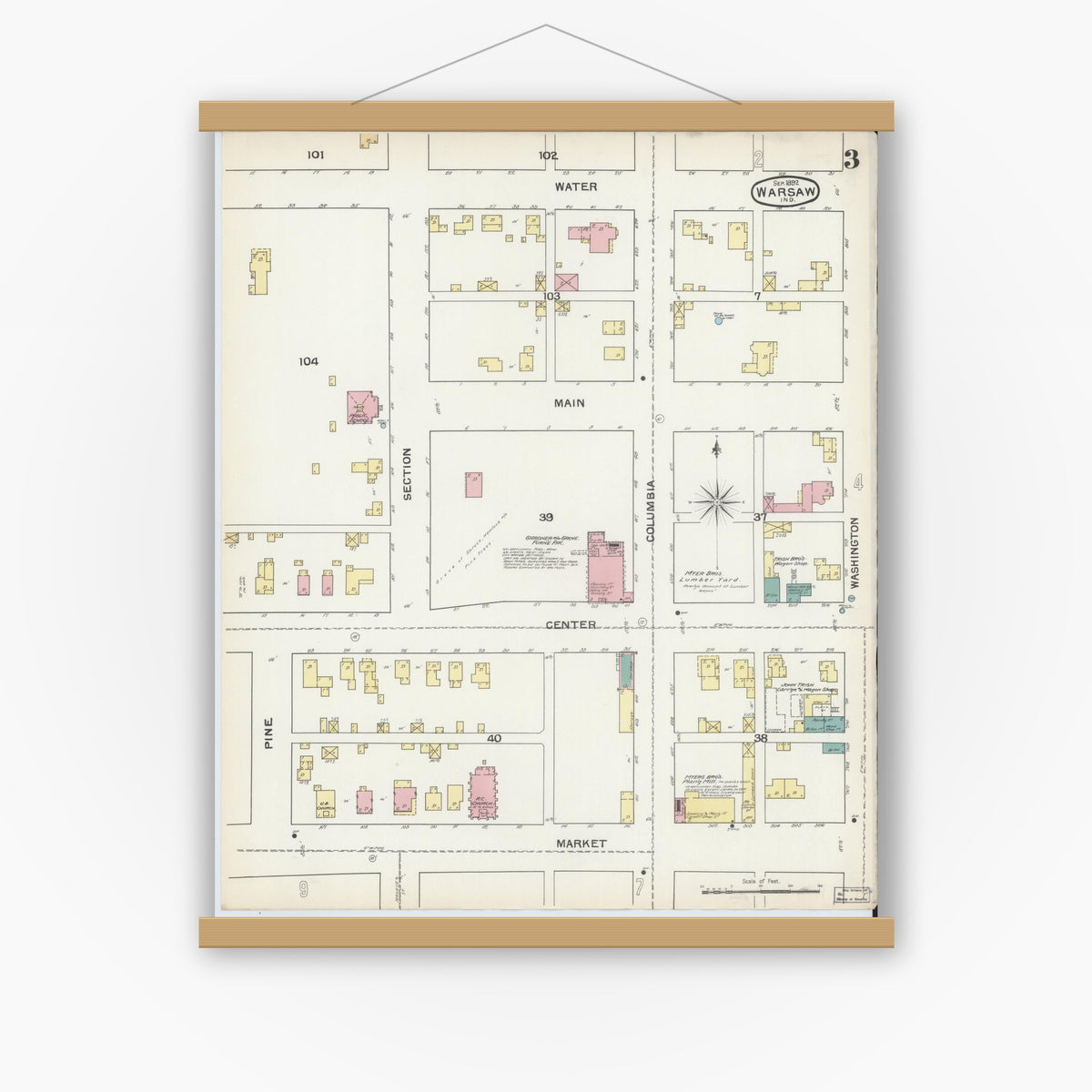 Old map wall art mockup — magnetic wood frame on white wall — Sanborn Fire Insurance Map from Warsaw, Kosciusko County, Indiana (1892), Sheet #0003