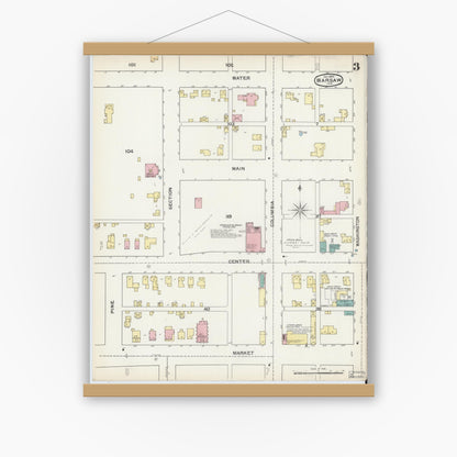 Old map wall art mockup — magnetic wood frame on white wall — Sanborn Fire Insurance Map from Warsaw, Kosciusko County, Indiana (1892), Sheet #0003