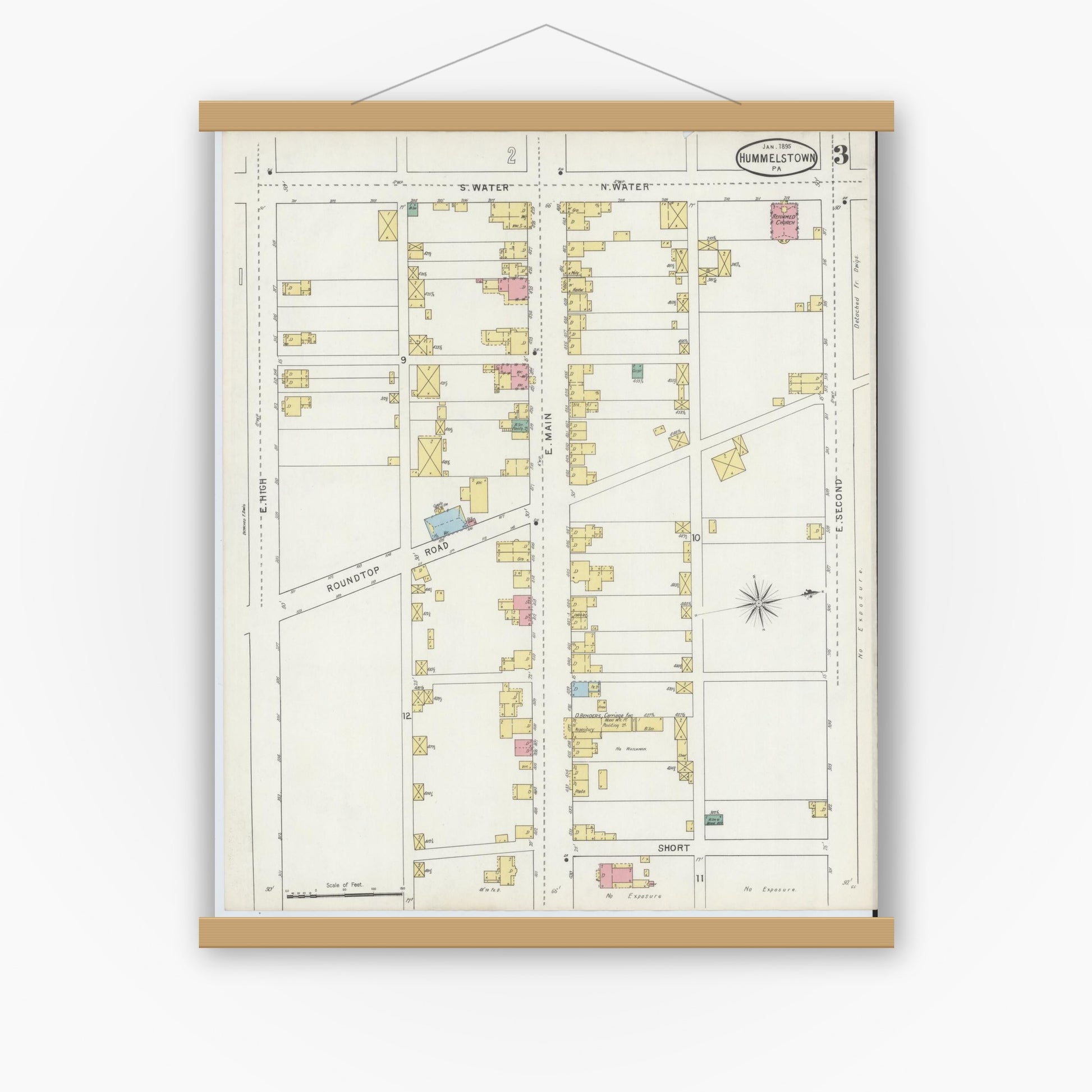 Old map wall art mockup — magnetic wood frame on white wall — Sanborn Fire Insurance Map from Hummelstown, Dauphin County, Pennsylvania (1895), Sheet #0003