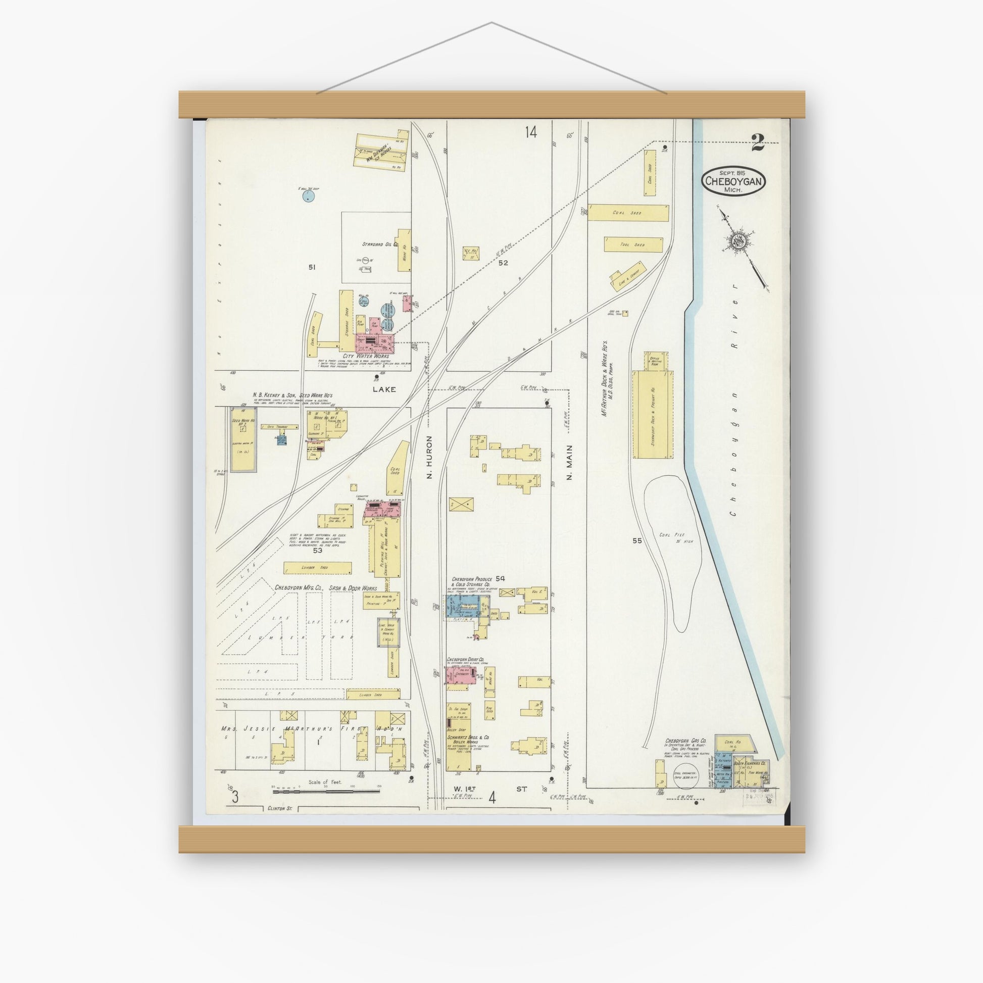 Old map wall art mockup — magnetic wood frame on white wall — Sanborn Fire Insurance Map from Cheboygan, Cheboygan County, Michigan (1915), Sheet #0002