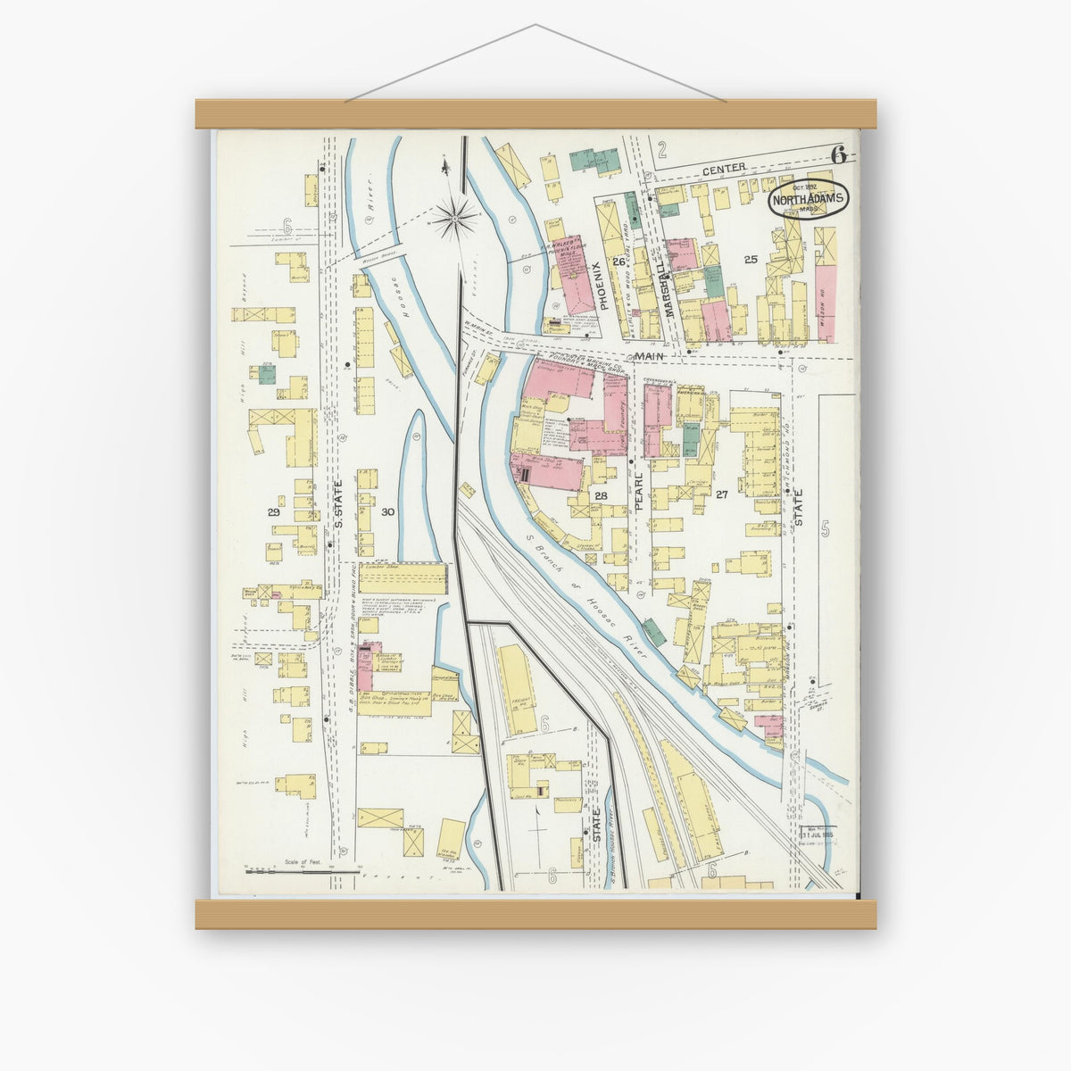 Old map wall art mockup — magnetic wood frame on white wall — Sanborn Fire Insurance Map from North Adams, Berkshire County, Massachusetts (1892), Sheet #0006