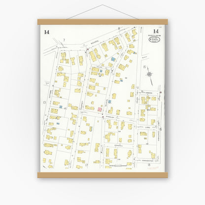 Old map wall art mockup — magnetic wood frame on white wall — Sanborn Fire Insurance Map from Athol, Worcester County, Massachusetts (1936), Sheet #0014