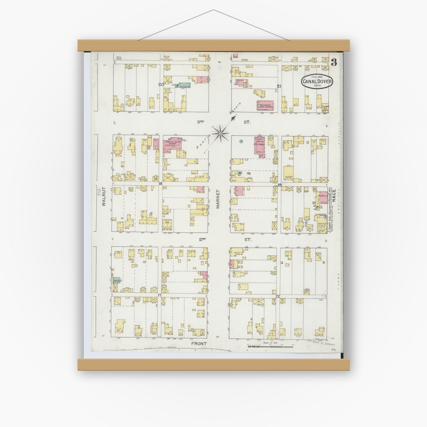 Old map wall art mockup — magnetic wood frame on white wall — Sanborn Fire Insurance Map from Canal Dover, Tuscarawas County, Ohio (1893), Sheet #0003