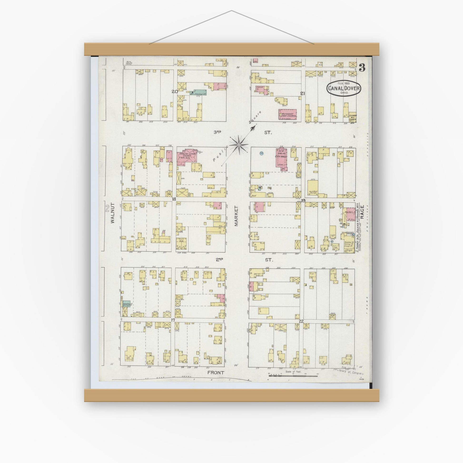 Old map wall art mockup — magnetic wood frame on white wall — Sanborn Fire Insurance Map from Canal Dover, Tuscarawas County, Ohio (1893), Sheet #0003