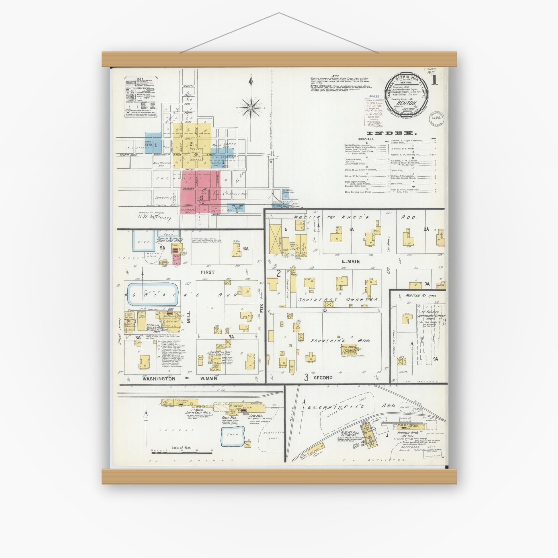 Old map wall art mockup — magnetic wood frame on white wall — Sanborn Fire Insurance Map from Benton, Franklin County, Illinois (1900) - Complete Map Set