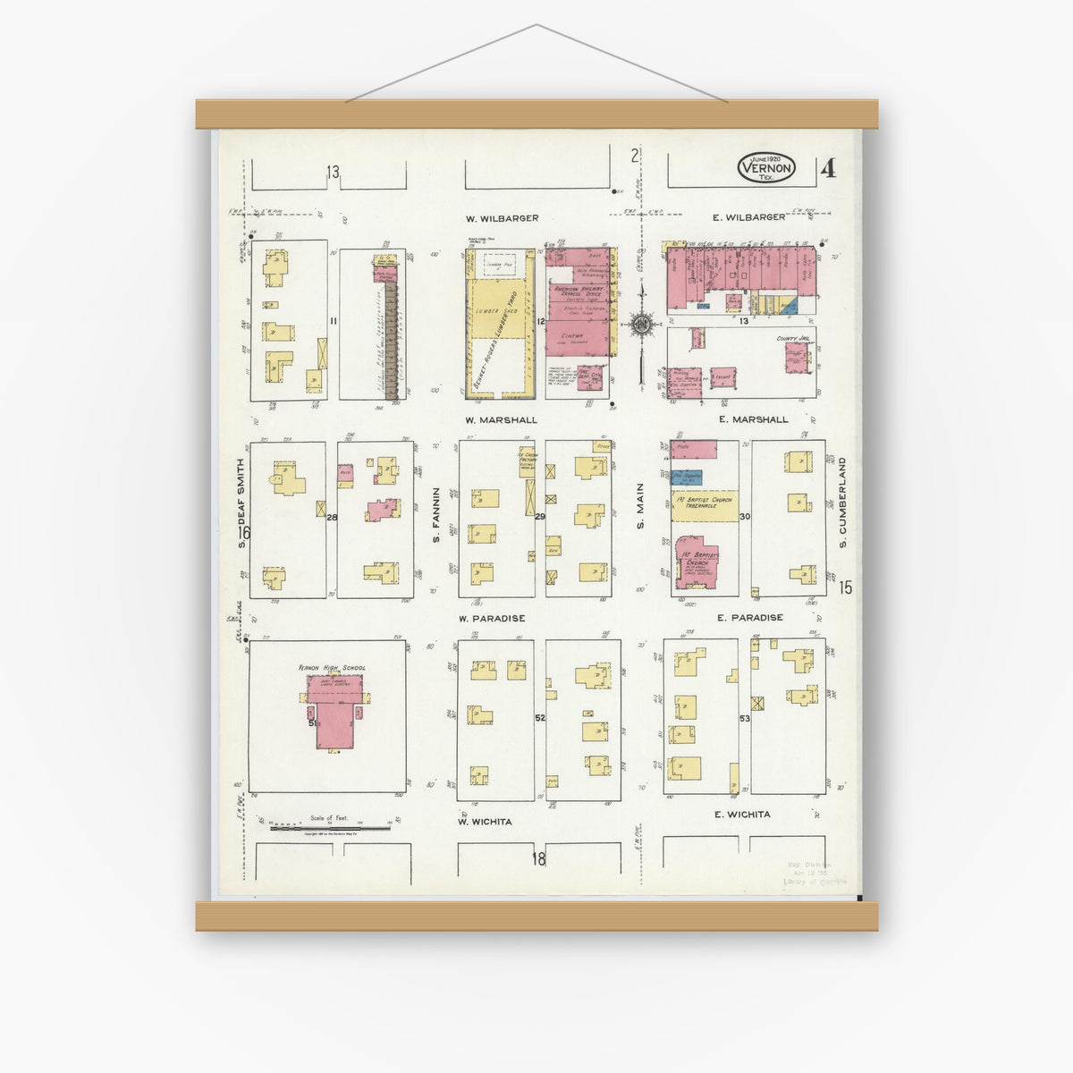 Old map wall art mockup — magnetic wood frame on white wall — Sanborn Fire Insurance Map from Vernon, Wilbarger County, Texas (1920), Sheet #0004