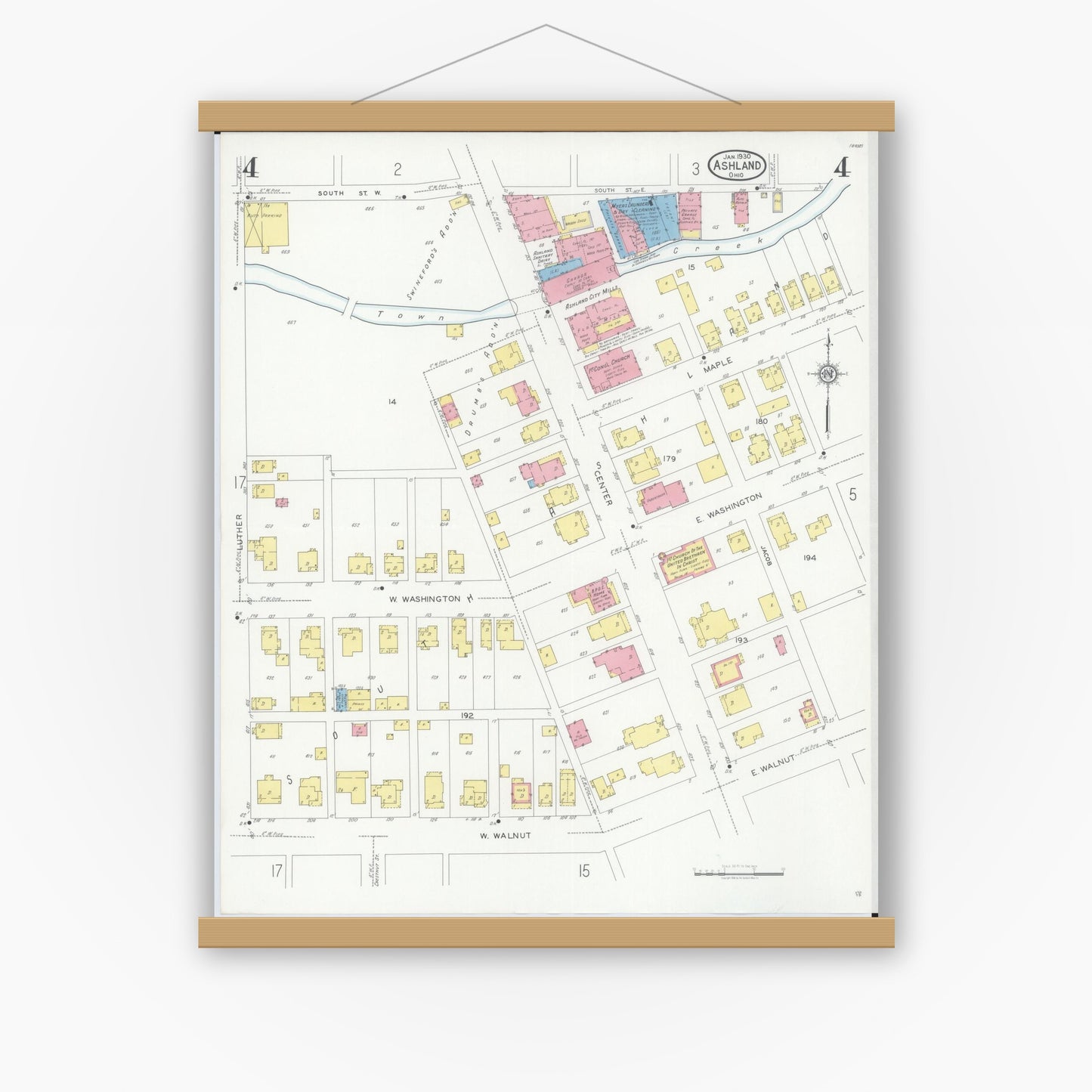 Old map wall art mockup — magnetic wood frame on white wall — Sanborn Fire Insurance Map from Ashland, Ashland County, Ohio (1930), Sheet #0004