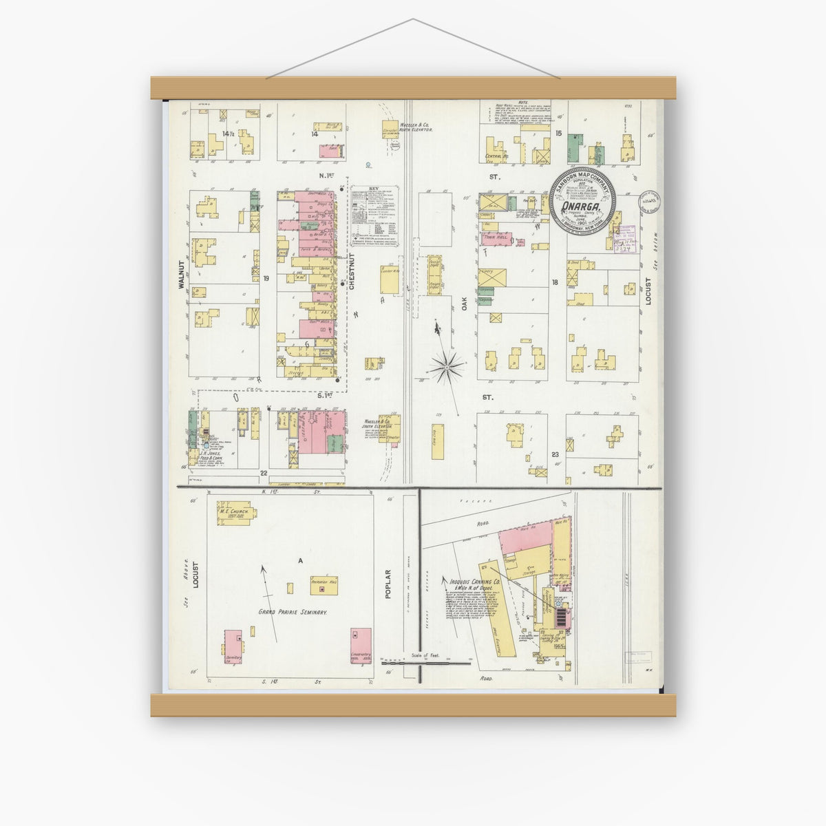 Old map wall art mockup — magnetic wood frame on white wall — Sanborn Fire Insurance Map from Onarga, Iroquois County, Illinois (1901) - Complete Map Set