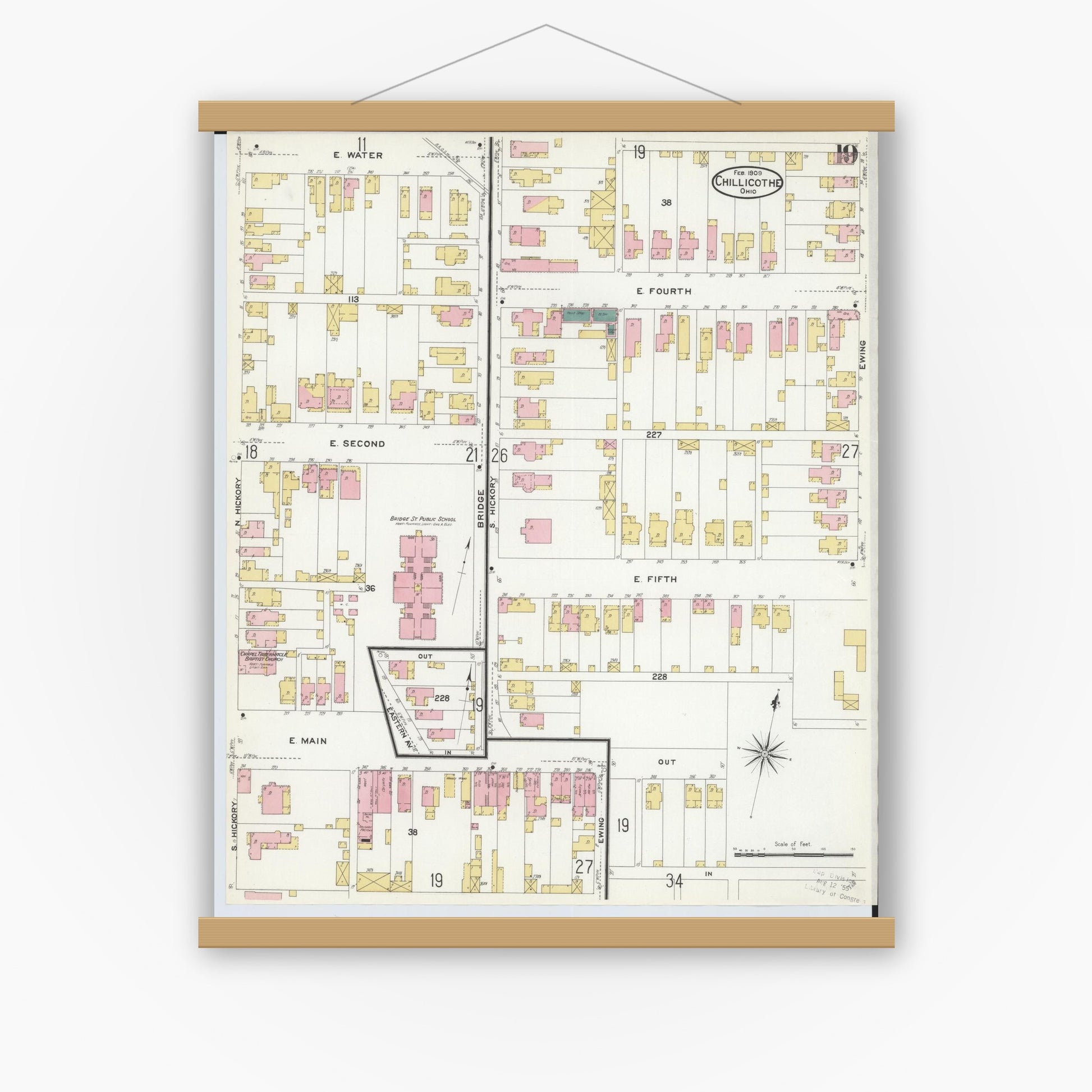 Old map wall art mockup — magnetic wood frame on white wall — Sanborn Fire Insurance Map from Chillicothe, Ross County, Ohio (1909), Sheet #0019