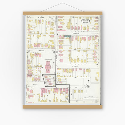 Old map wall art mockup — magnetic wood frame on white wall — Sanborn Fire Insurance Map from Chillicothe, Ross County, Ohio (1909), Sheet #0019