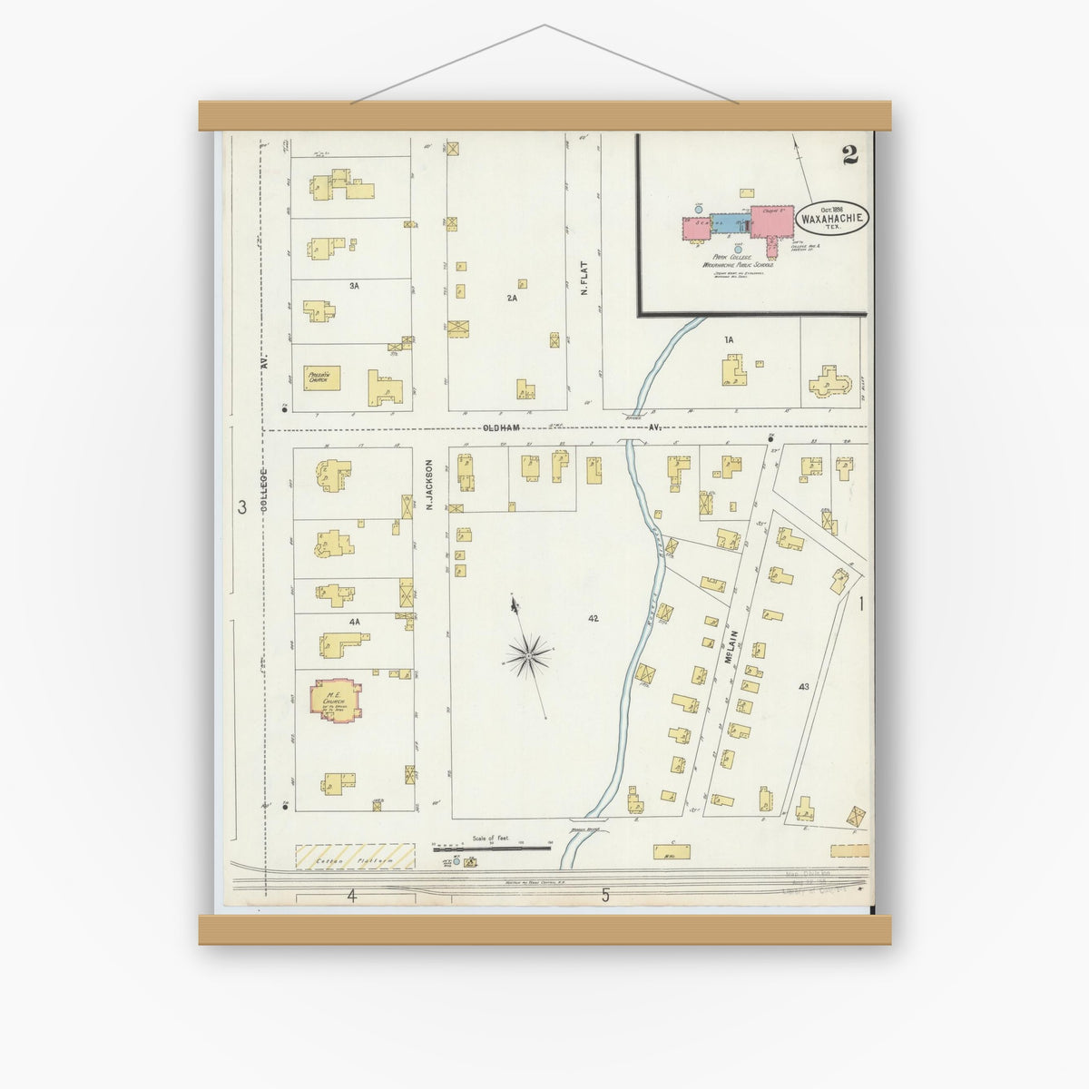 Old map wall art mockup — magnetic wood frame on white wall — Sanborn Fire Insurance Map from Waxahachie, Ellis County, Texas (1898), Sheet #0002