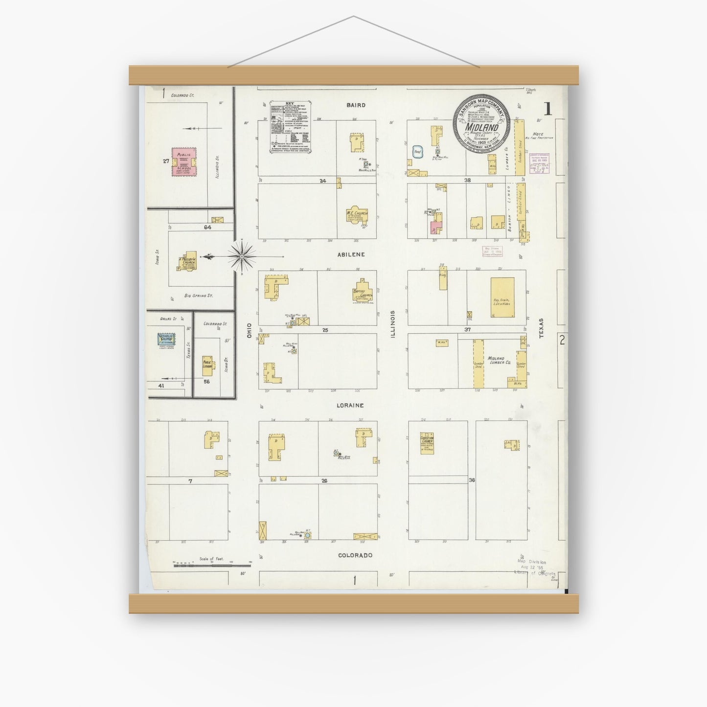 Old map wall art mockup — magnetic wood frame on white wall — Sanborn Fire Insurance Map from Midland, Midland County, Texas (1905), Sheet #0001