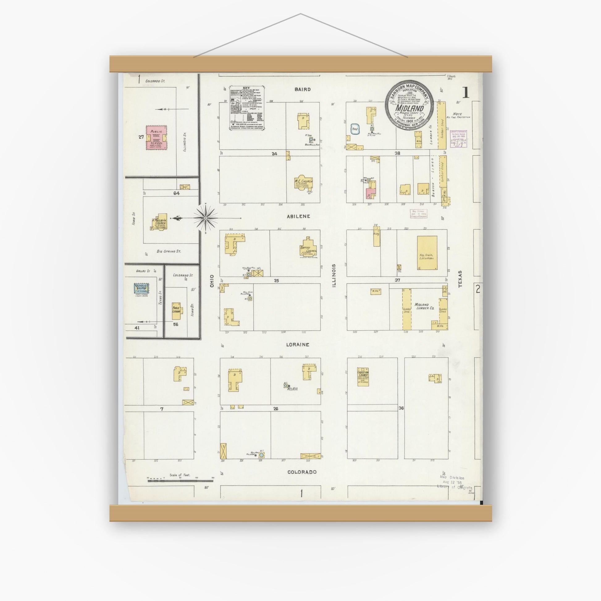 Old map wall art mockup — magnetic wood frame on white wall — Sanborn Fire Insurance Map from Midland, Midland County, Texas (1905), Sheet #0001