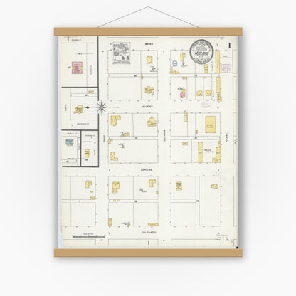 Old map wall art mockup — magnetic wood frame on white wall — Sanborn Fire Insurance Map from Midland, Midland County, Texas (1905), Sheet #0001