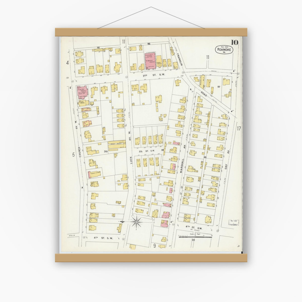 Old map wall art mockup — magnetic wood frame on white wall — Sanborn Fire Insurance Map from Roanoke, Independent Cities, Virginia (1903), Sheet #0010