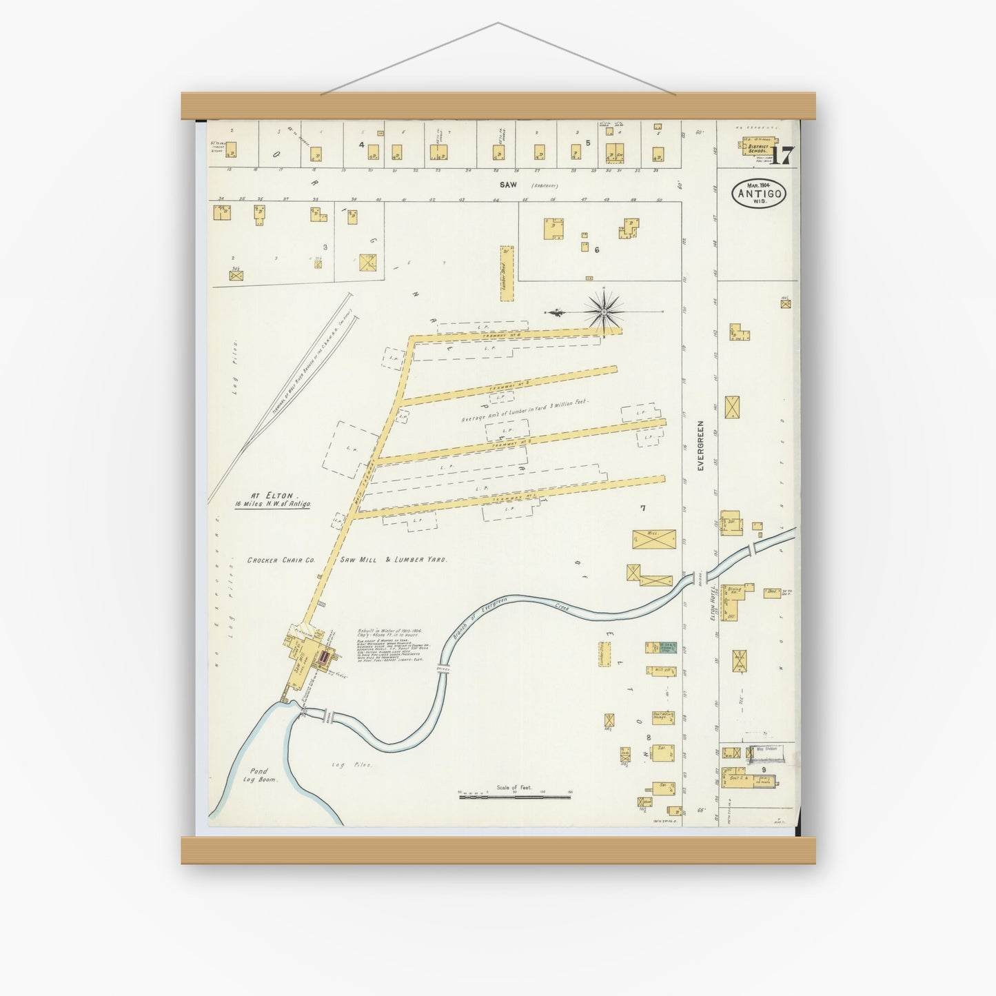 Old map wall art mockup — magnetic wood frame on white wall — Sanborn Fire Insurance Map from Antigo, Langlade County, Wisconsin (1904), Sheet #0017