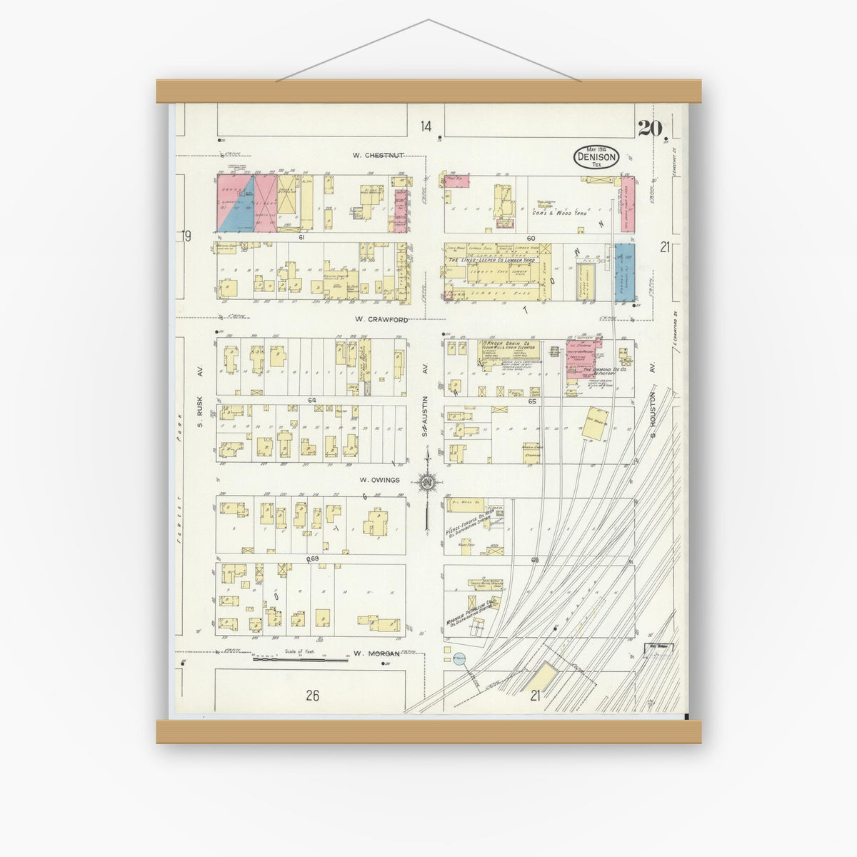 Old map wall art mockup — magnetic wood frame on white wall — Sanborn Fire Insurance Map from Denison, Grayson County, Texas (1914), Sheet #0020