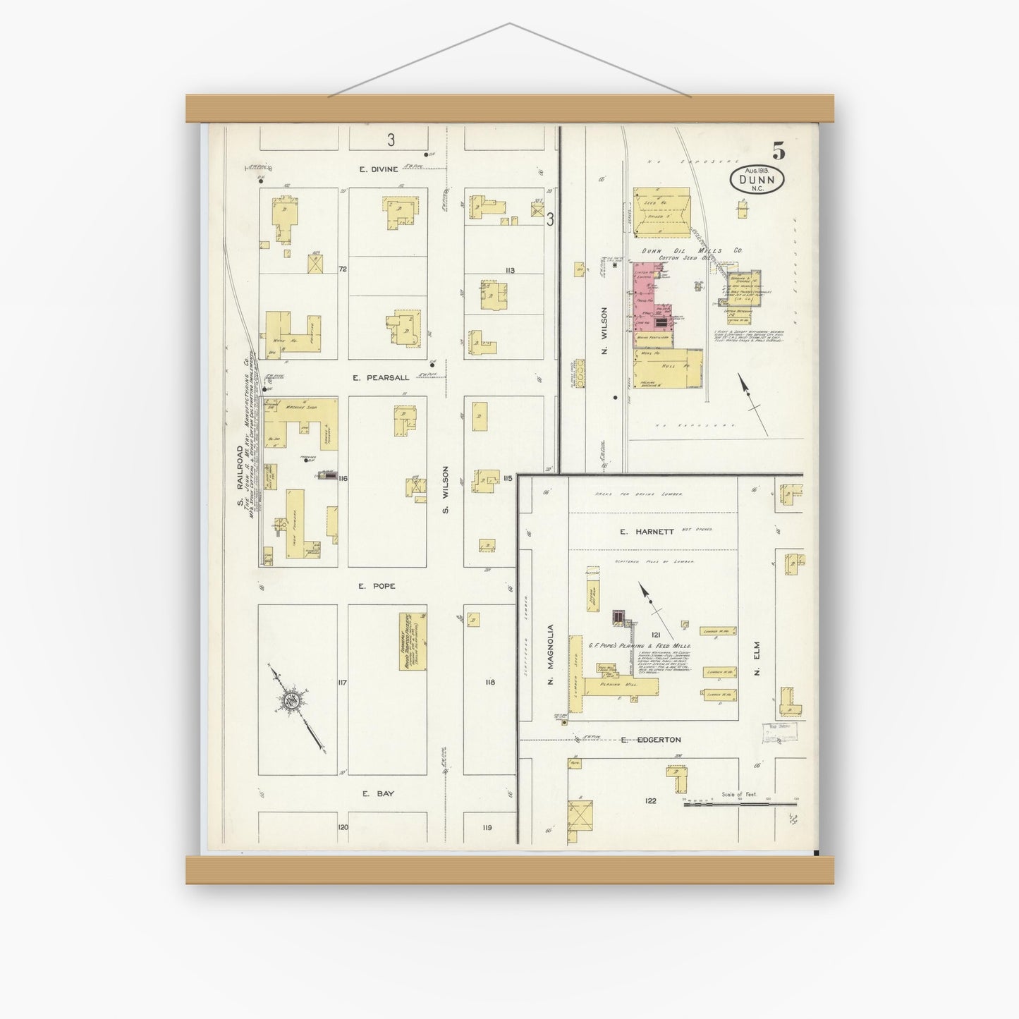 Old map wall art mockup — magnetic wood frame on white wall — Sanborn Fire Insurance Map from Dunn, Harnett County, North Carolina (1913), Sheet #0005