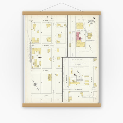 Old map wall art mockup — magnetic wood frame on white wall — Sanborn Fire Insurance Map from Dunn, Harnett County, North Carolina (1913), Sheet #0005