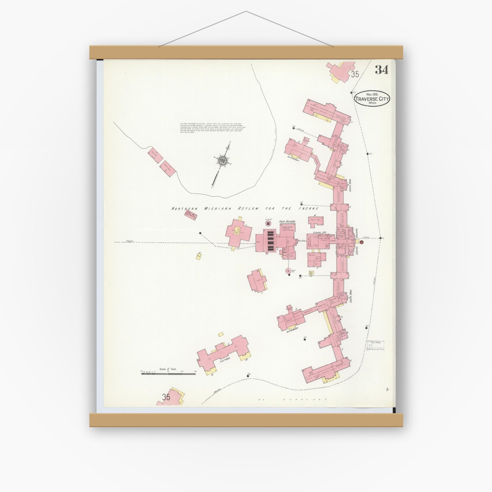Old map wall art mockup — magnetic wood frame on white wall — Sanborn Fire Insurance Map from Traverse City, Grand Traverse County, Michigan (1910), Sheet #0034