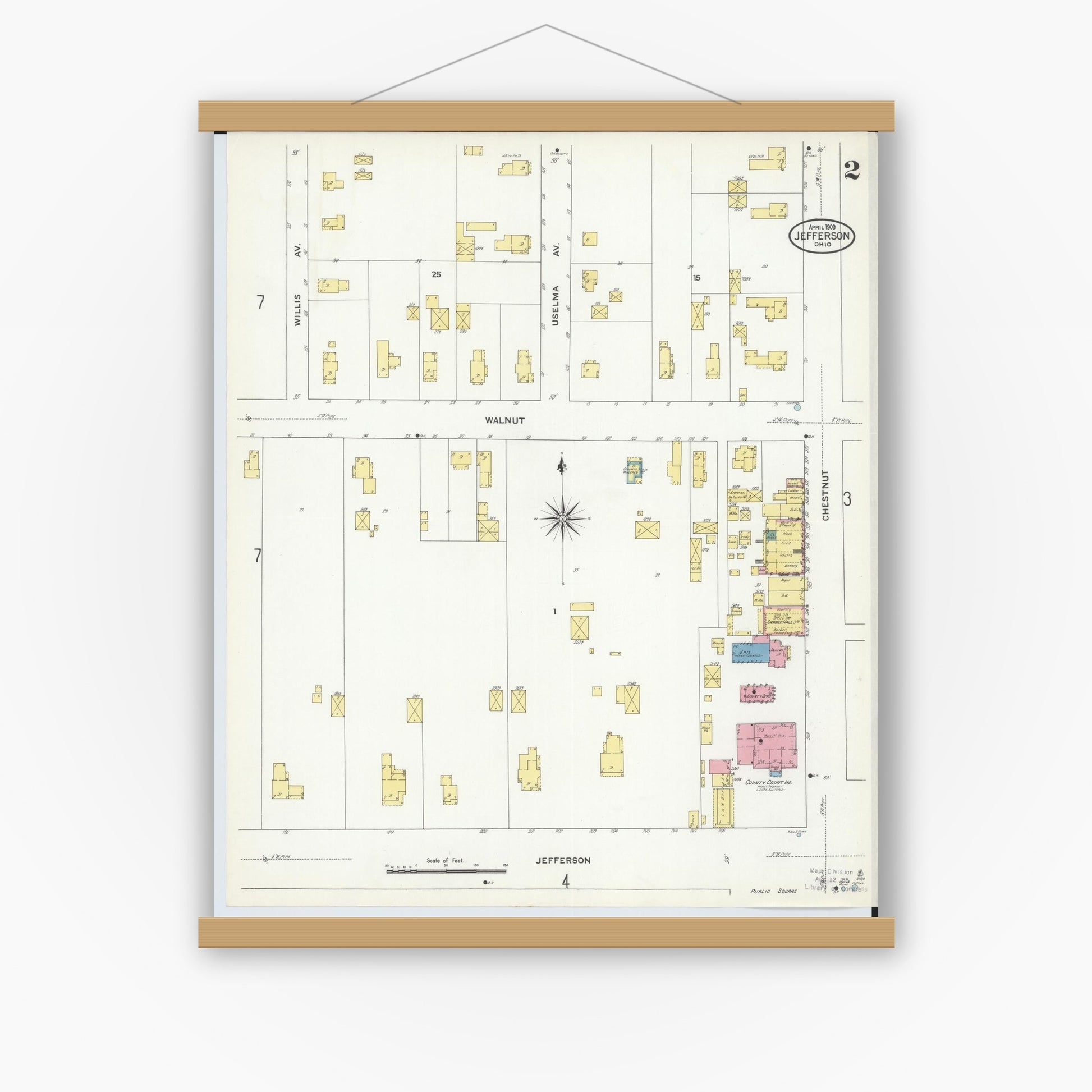 Old map wall art mockup — magnetic wood frame on white wall — Sanborn Fire Insurance Map from Jefferson, Ashtabula County, Ohio (1909), Sheet #0002